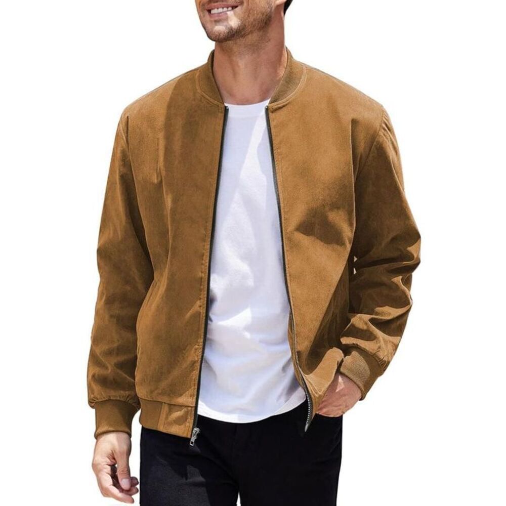 COOFANDY - Men's Casual Varsity Jacket Vintage Light Brown - Picture 7 of 11